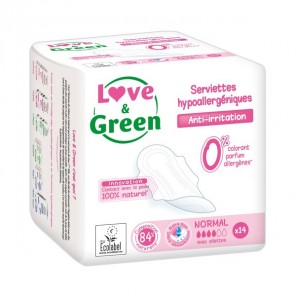 Love and green serviettes hypoallergéniques anti-irritation normal paquet de 14
