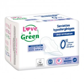 Love & green serviettes hypoallergéniques anti-irritation nuit paquet de 10