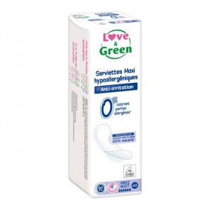 Love & green serviettes hypoallergéniques anti-irritation maxi nuit paquet de 12