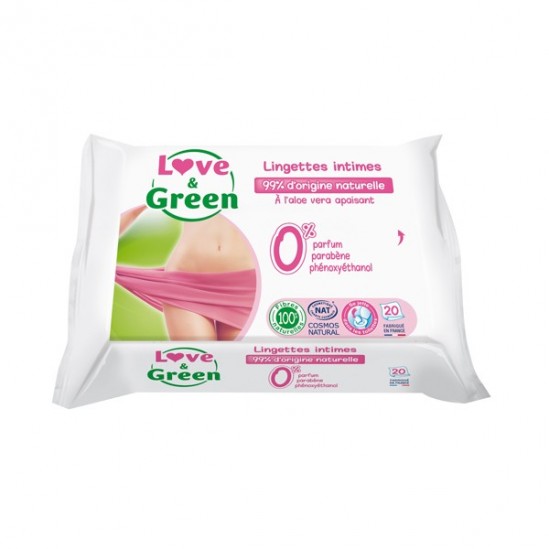 Love & green lingettes intimes à l'aloe vera apaisant paquet de 20