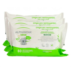 Alphanova Bébé Lingettes Huile d'Olive Sans Parfum Biodégradable Bio Lot de 3 x 60 Unités