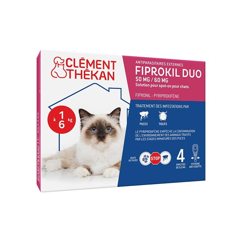 Clement Thekan Fiprokil Duo Anti-Puces Anti-Tiques Chats 4 pipettes Clement Thekan Fiprokil Duo Anti-Puces Anti-Tiques Chats 4 pipettes