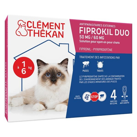 Clement Thekan Fiprokil Duo Anti-Puces Anti-Tiques Chats 4 pipettes