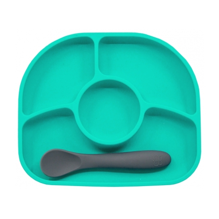 Yümi Assiette Anti-Dégât et Cuillère en Silicone 4 Mois et + - Couleur : Aqua