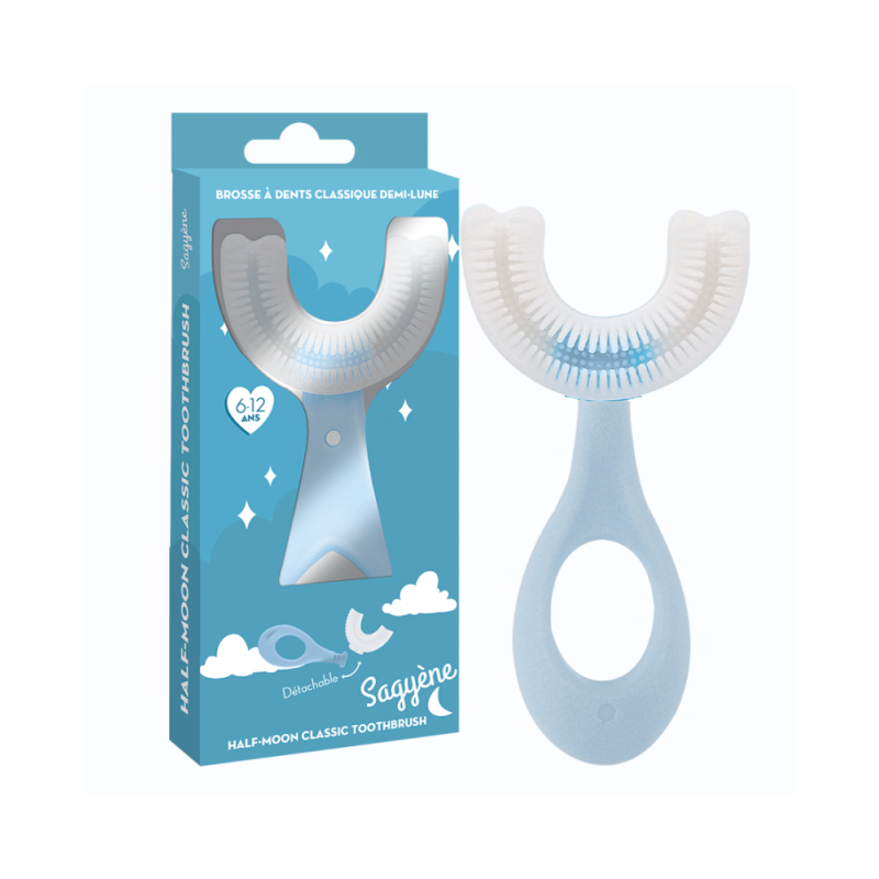 Sagyène - Brosse à Dents Enfants 6-12 Ans - Demi-Lune Ergonomique - Bleu