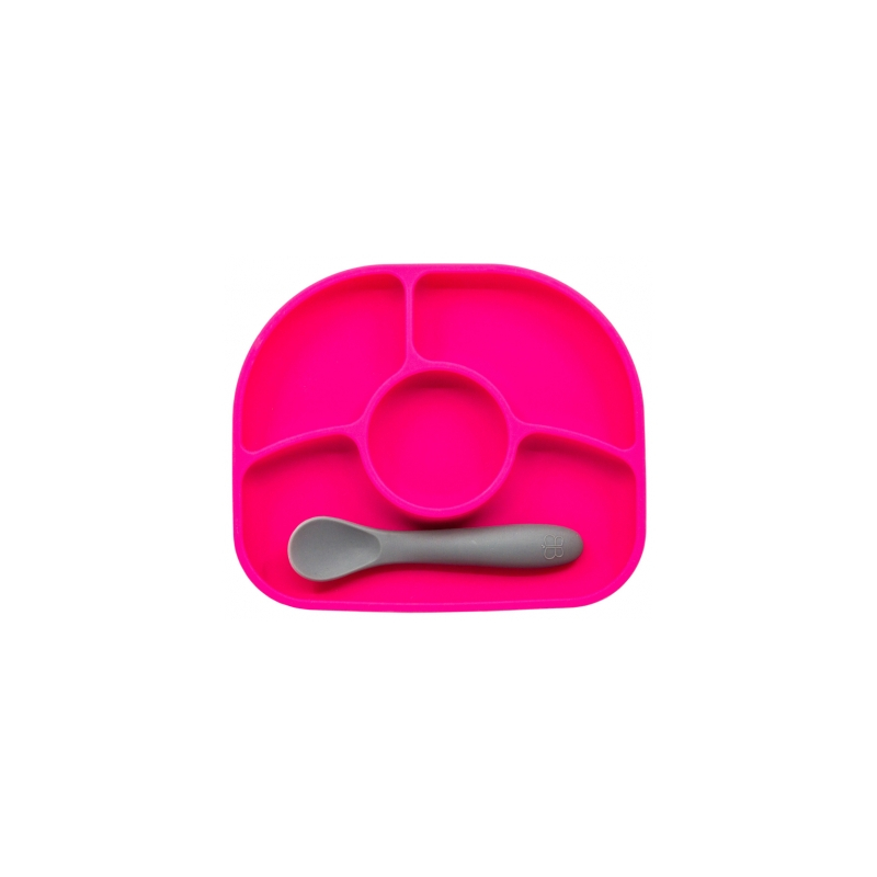 Bblüv Yümi Assiette Anti-Dégât et Cuillère en Silicone 4 Mois et + - Couleur : Fushia