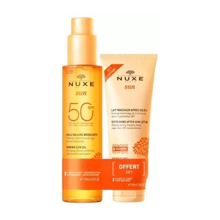 Nuxe sun huile solaire bronzante visage et corps SPF50 150 ml + lait fraîcheur après-Soleil visage et corps 100 ml offert