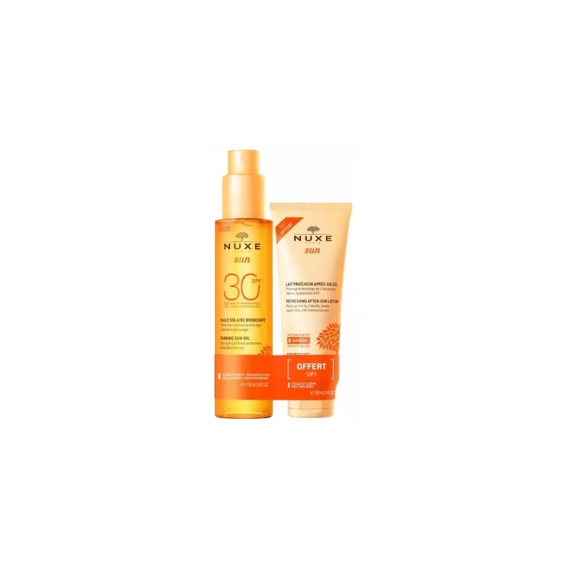 Nuxe Sun Huile Solaire Bronzante Visage et Corps SPF30 150 ml + Lait Fraîcheur Après-Soleil Visage et Corps 100 ml Offert