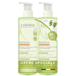 A-Derma Exomega Control Gel Lavant Emollient 2 en 1 lot de 2x500ml