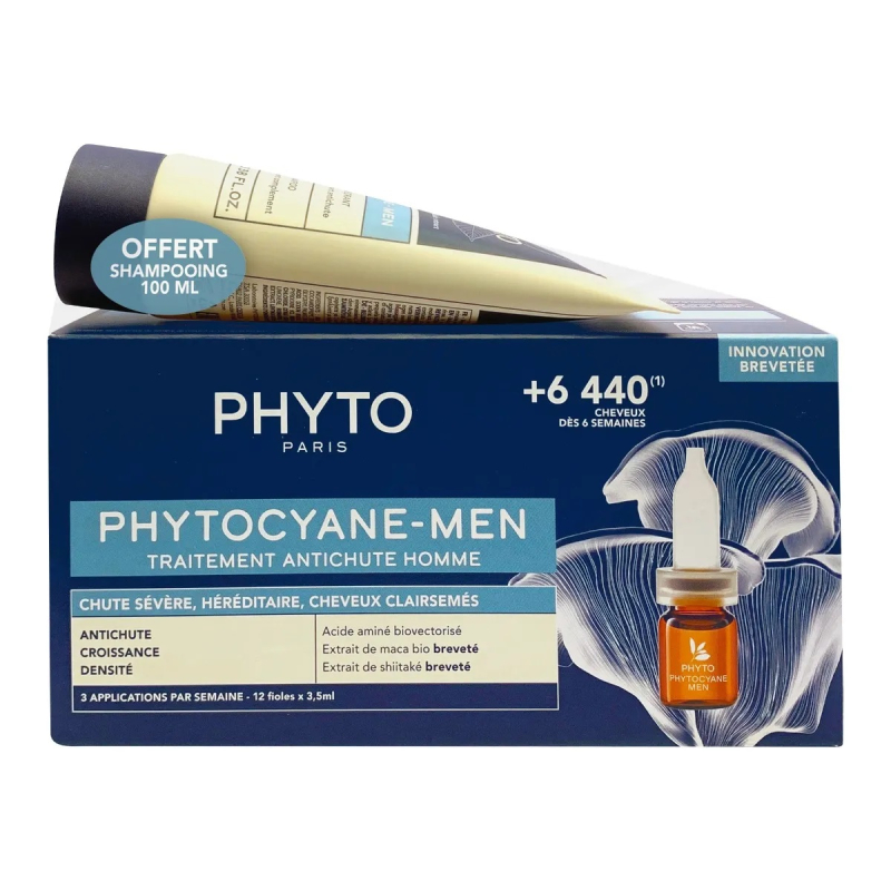 COFFRET - PHYTOCYANE - Traitement Anti-Chute Homme 12x5ml + Shampooing Revigorant 100ml Offert - Chute Progressive COFFRET - PHYTOCYANE - Traitement Anti-Chute Homme 12x5ml + Shampooing Revigorant 100ml Offert - Chute Progressive