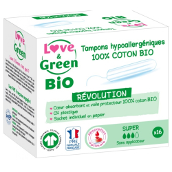 Love & Green Tampons Hypoallergéniques 100% Coton Bio 16 Tampons Super sans Applicateur