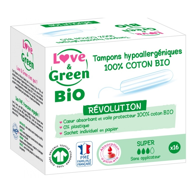 Love & Green Tampons Hypoallergéniques 100% Coton Bio 16 Tampons Super sans Applicateur Love & Green Tampons Hypoallergéniques 100% Coton Bio 16 Tampons Super sans Applicateur