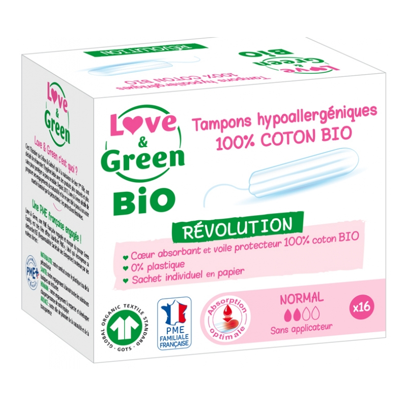 Love & Green Tampons Hypoallergéniques 100% Coton Bio 16 Tampons Normal sans Applicateur Love & Green Tampons Hypoallergéniques 100% Coton Bio 16 Tampons Normal sans Applicateur