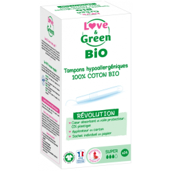 Love & Green Tampons Hypoallergéniques 100% Coton Bio 14 Tampons Super avec Applicateur