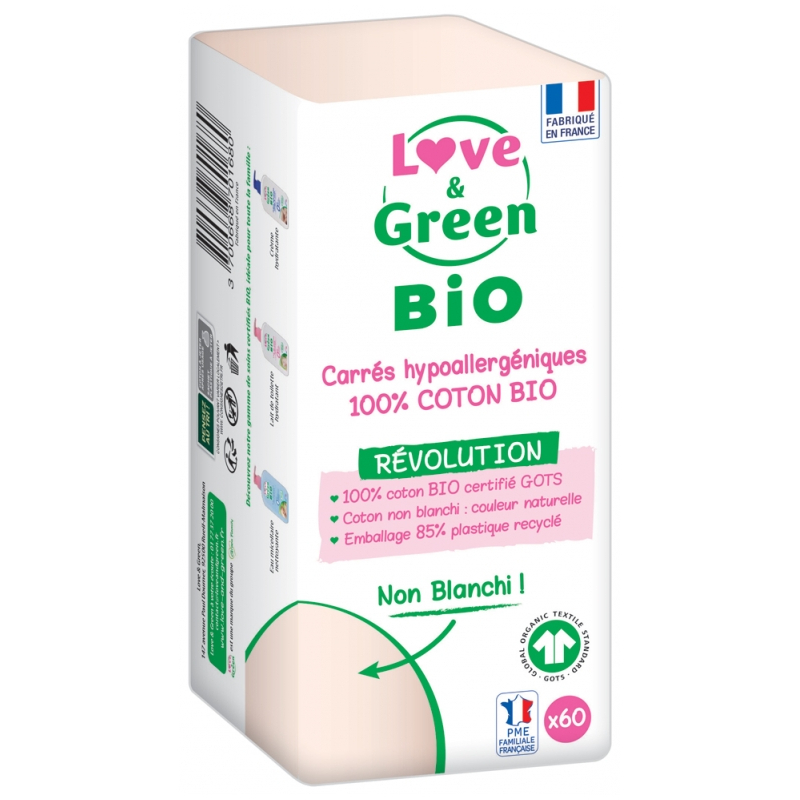 Love & Green Carrés Hypoallergéniques 100% Coton Bio 60 Cotons Love & Green Carrés Hypoallergéniques 100% Coton Bio 60 Cotons