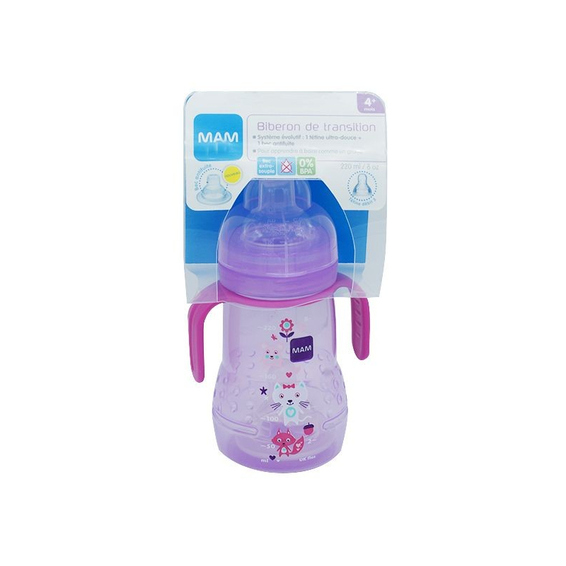 Mam Biberon de transition 220ml Mauve/Rose Mam Biberon de transition 220ml Mauve/Rose